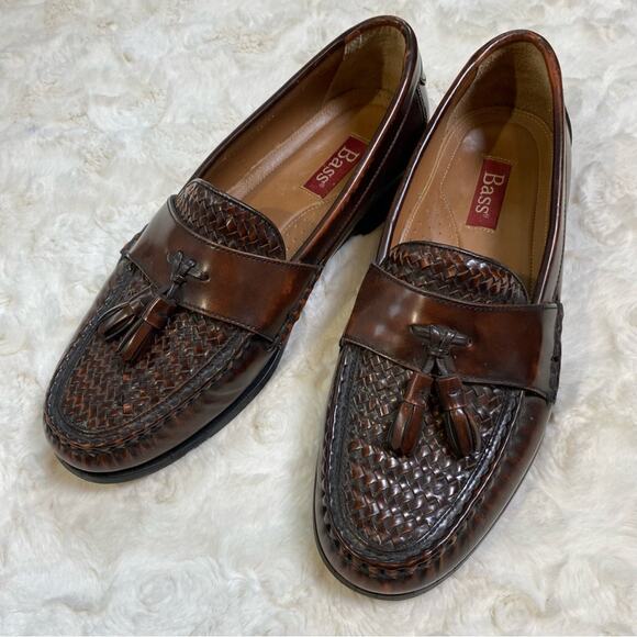 Bass Men’s Loafers Brown Leather Woven Tassel Round Toe Slip On Shoes Size 8.5 - Picture 1 of 10